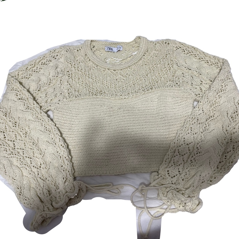Zara Cream Crochett Open Knit Bohemian Long Sleeve Sweater Top Large